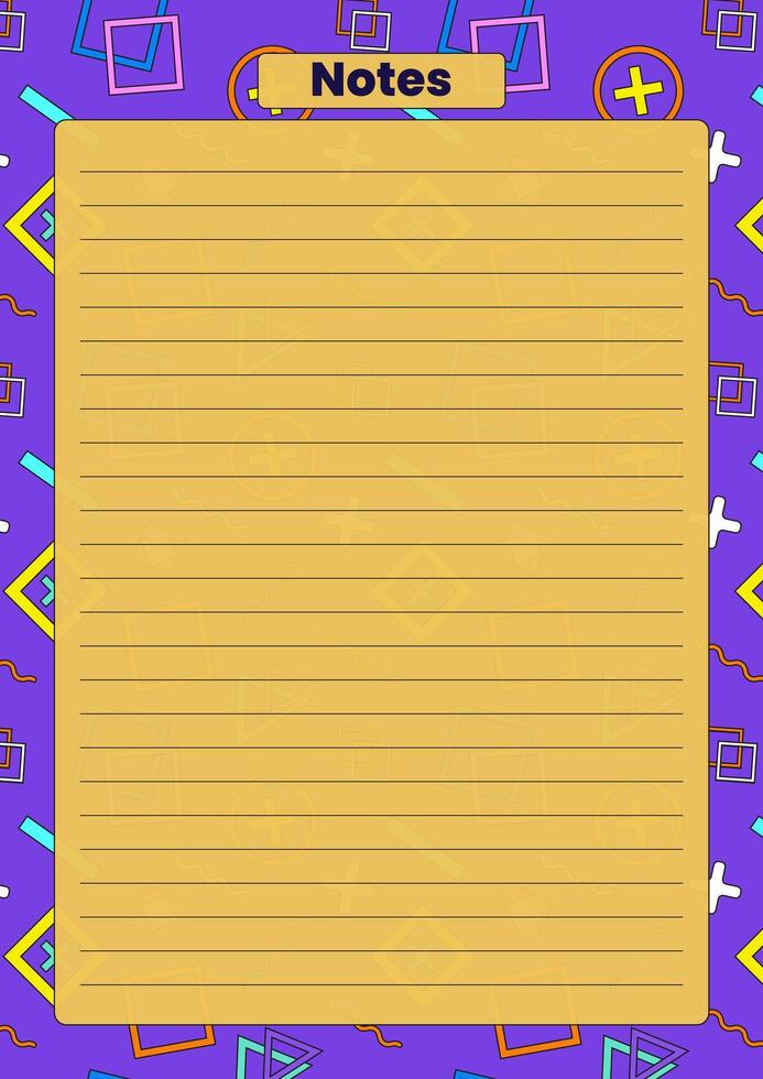 A vibrant notes page with a lined yellow section on a geometric purple background, perfect for journaling or planning. vector