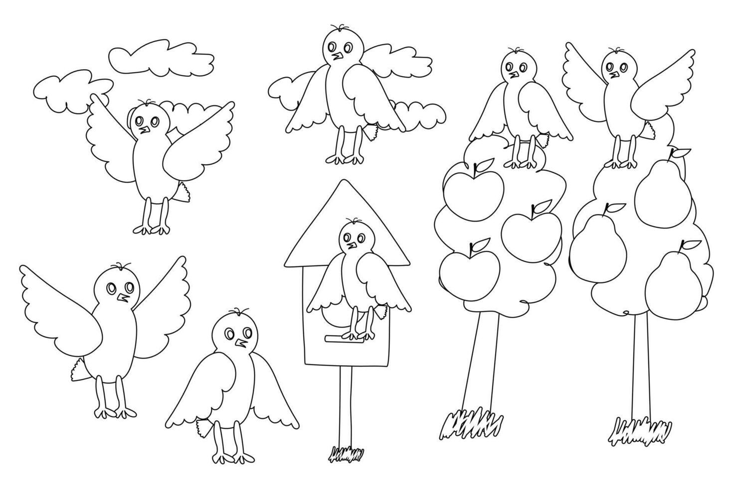 Black and white line drawing of birds perched on apple and pear trees, with a birdhouse and clouds, perfect for coloring. vector