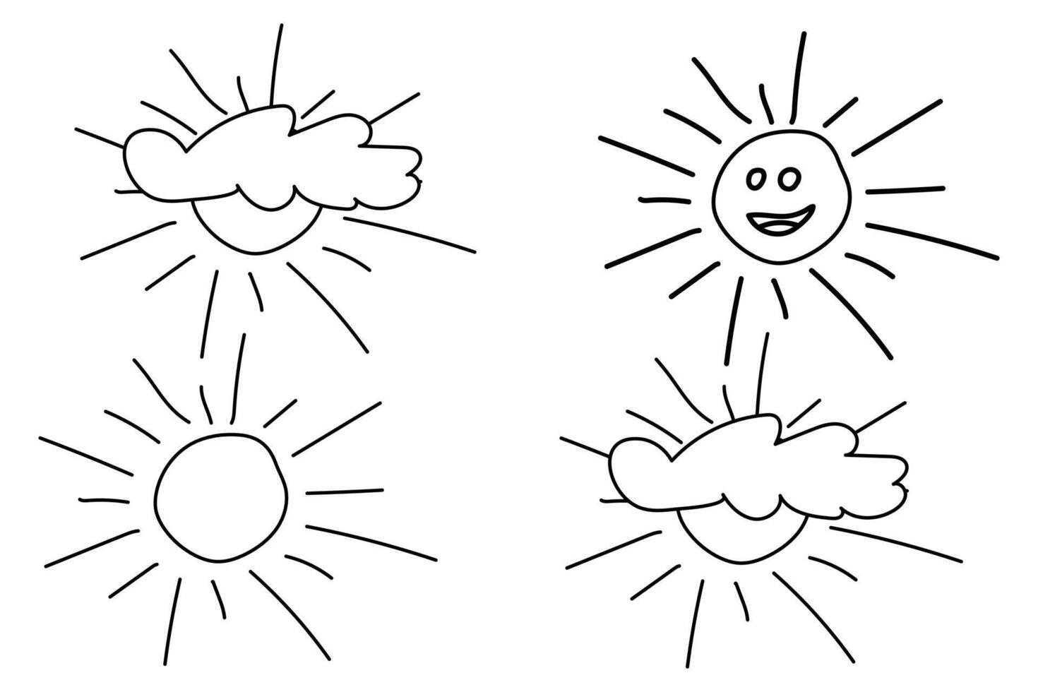 Black and white line drawing of the sun with clouds in different styles, perfect for kids coloring activities. vector