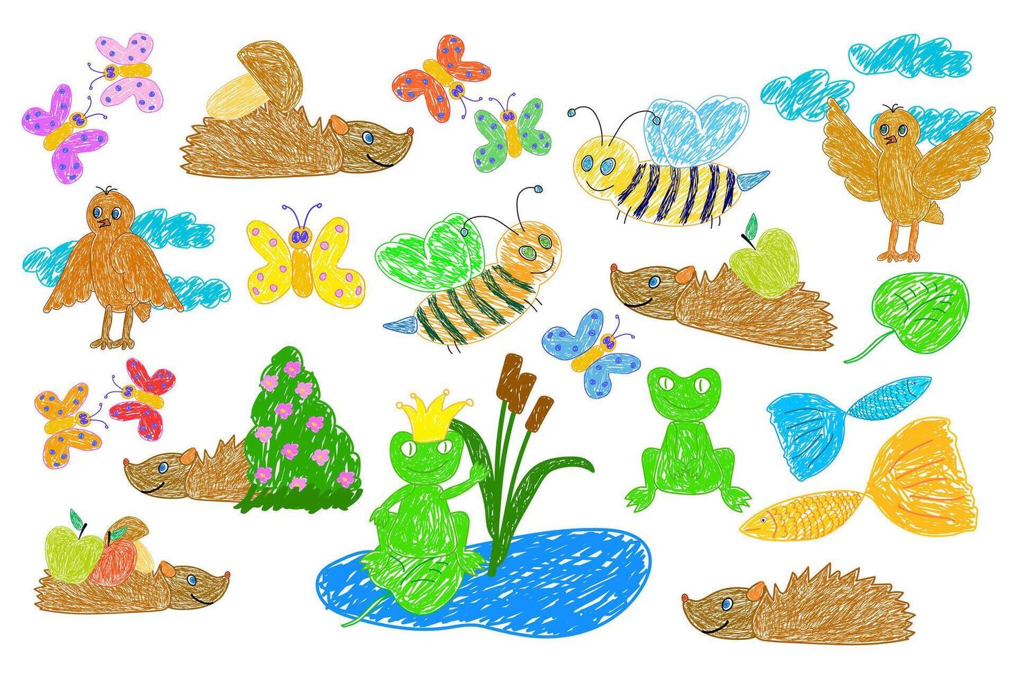 Whimsical doodle of trees, flowers, birds, butterflies, and a small pond, creating a vibrant nature-themed illustration. vector
