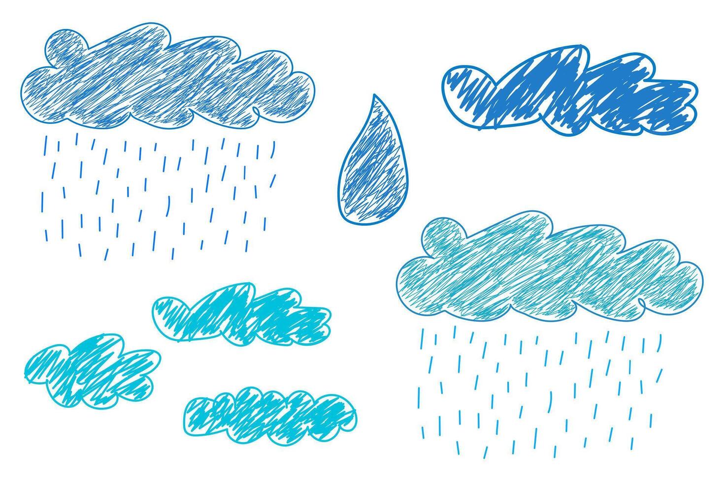 Sketch-style blue rain clouds with raindrops and a single water drop on a white background. vector