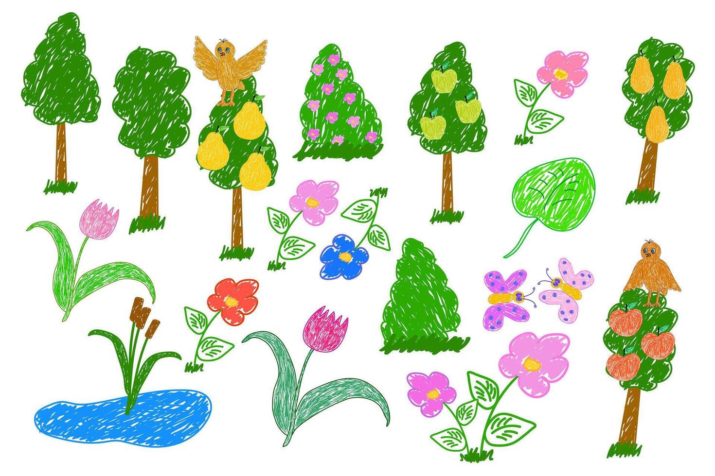 Whimsical doodle set of trees, flowers, birds, butterflies, and a small pond, creating a vibrant nature-themed illustration. vector