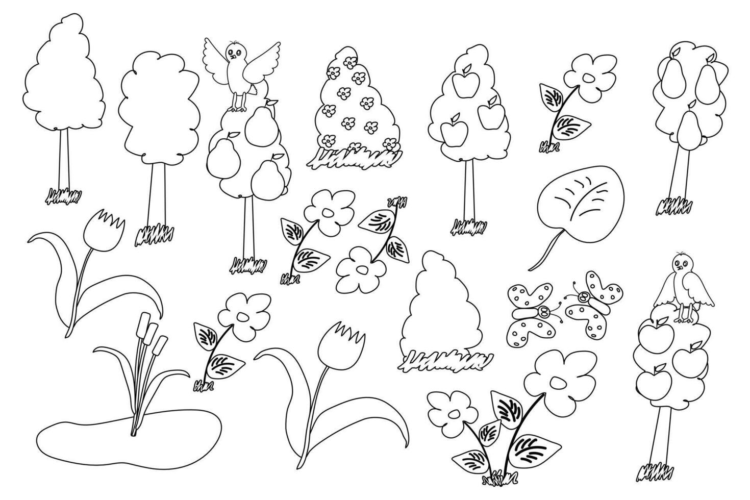 Black and white line drawing of birds perched on apple and pear trees. Perfect for coloring. vector