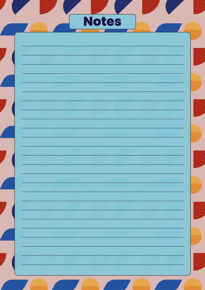 A vibrant notes page template with lined sections on a geometric background, perfect for writing, journaling, or planning. vector