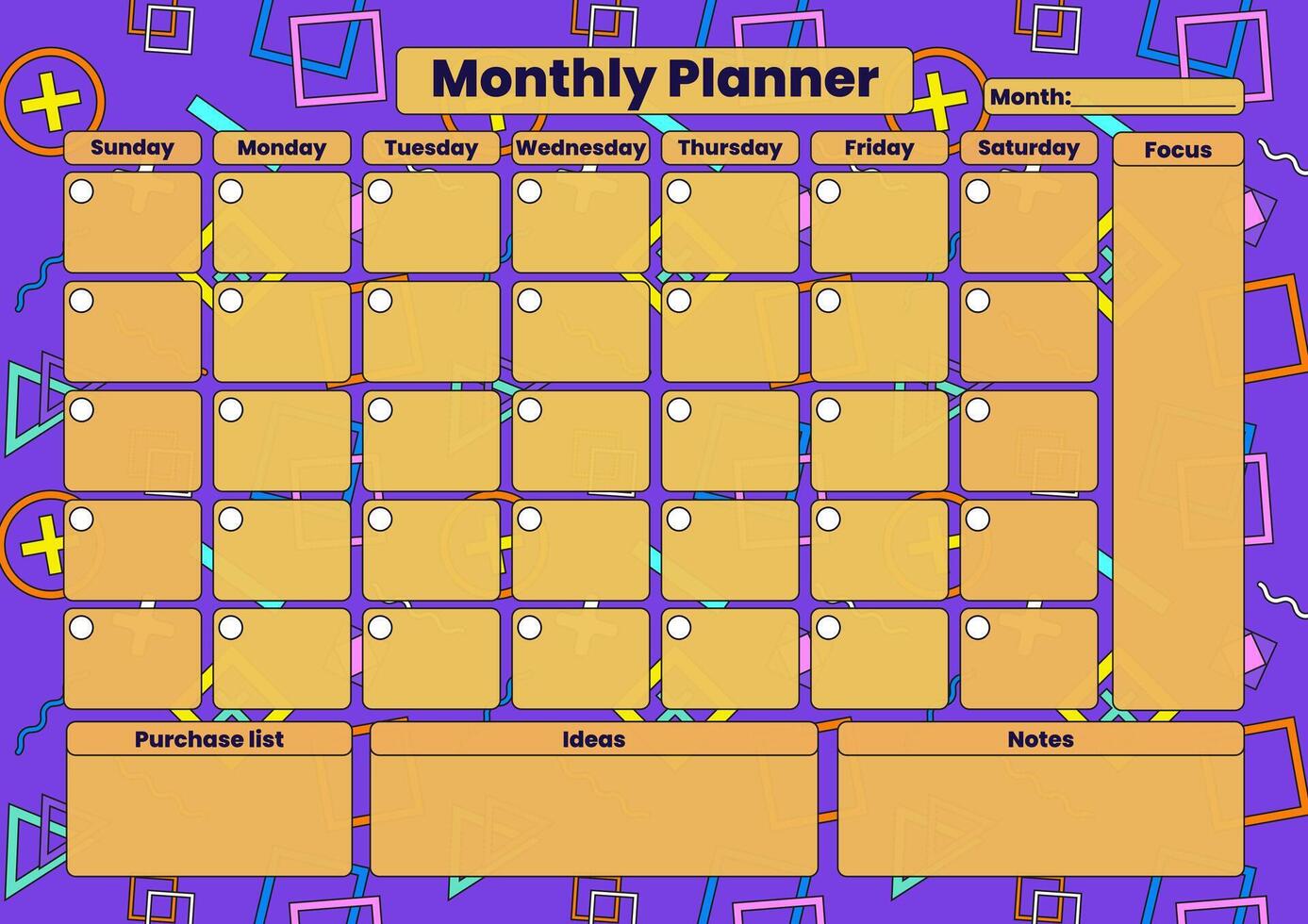 A vibrant monthly planner with a geometric background, featuring daily task sections, focus area, and notes space. vector