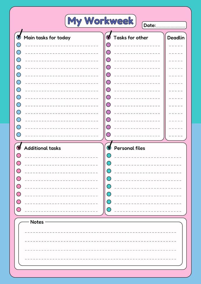 A pastel-colored Workweek planner template with sections for tasks, deadlines, personal files, and notes. vector