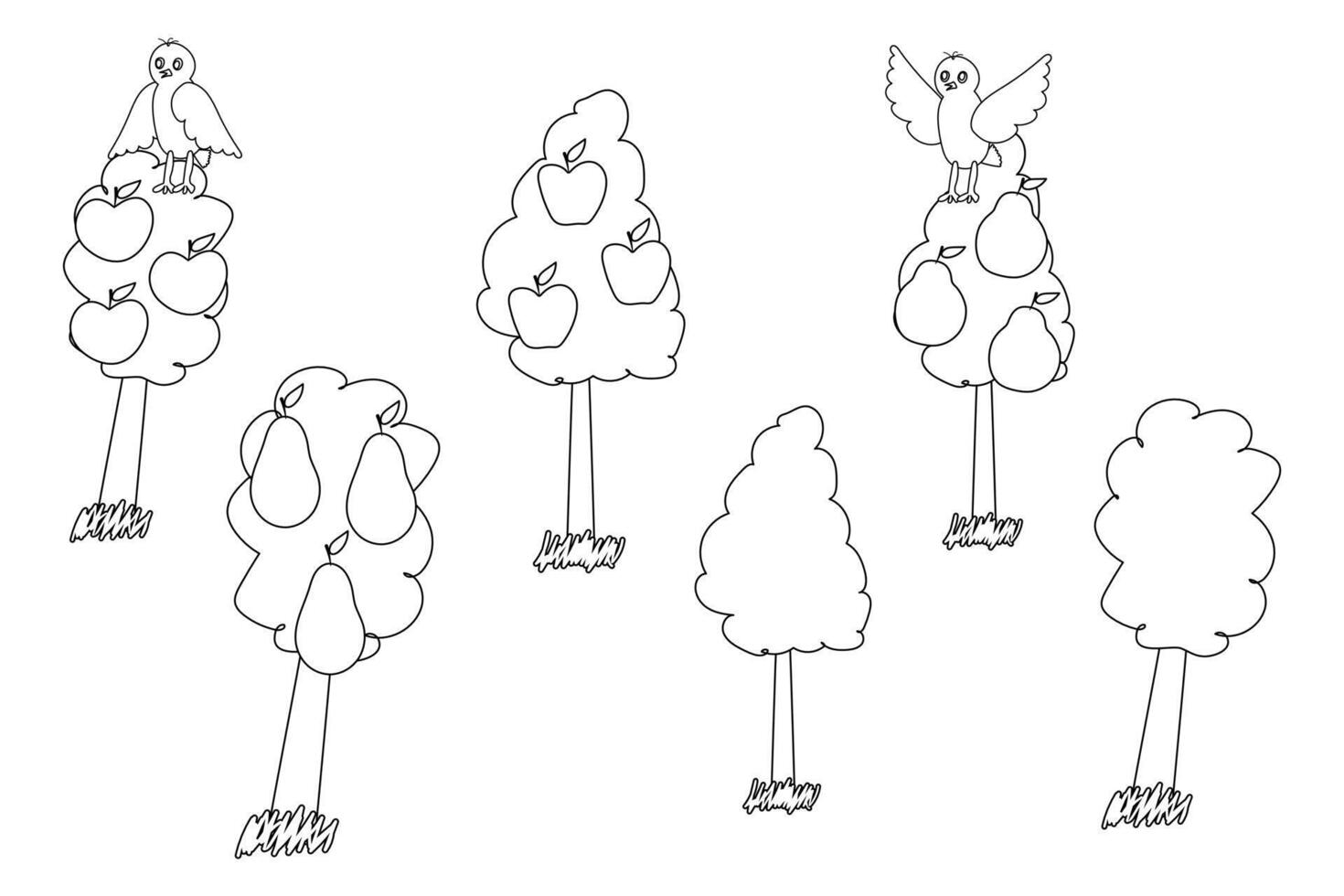 Black and white line drawing of fruit trees with apples and pears, featuring birds perched on branches, ideal for coloring fun. vector