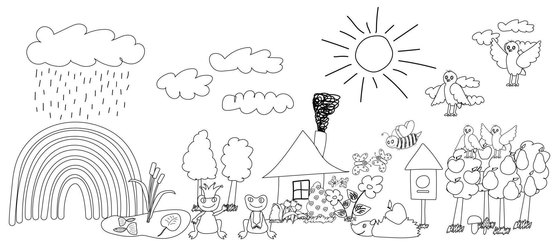 Black and white coloring page featuring a house, trees, animals, a rainbow, sun, clouds, butterflies, and flowers. vector