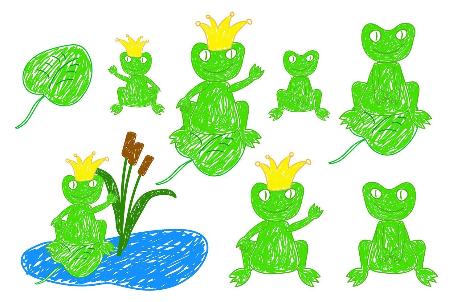 Playful doodle-style illustration of frogs, including a crowned frog prince, sitting on lily pads and pond with reed in a whimsical design. vector