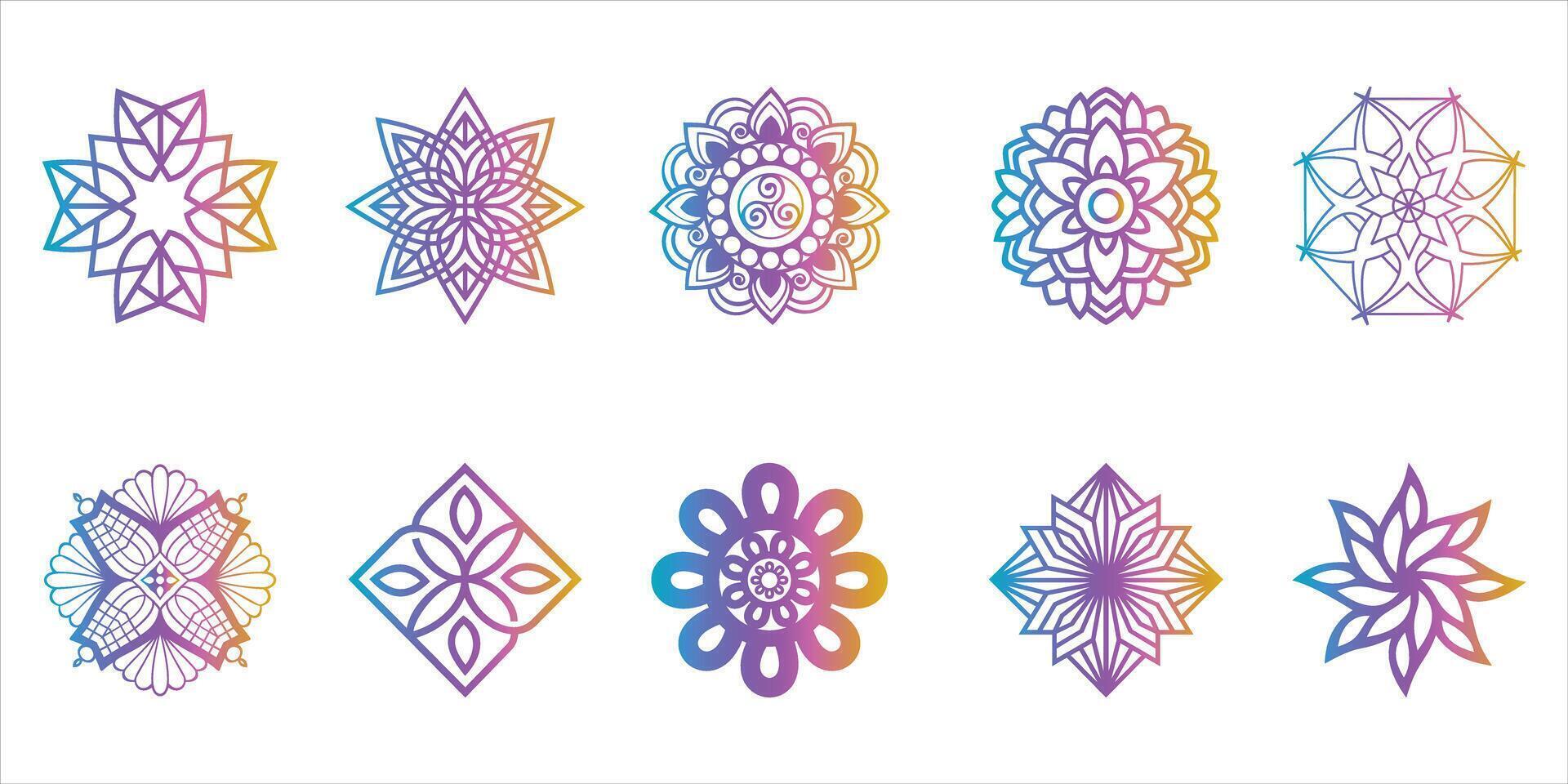 Set of round gradient mandala on white background. Mandala with floral patterns. vector