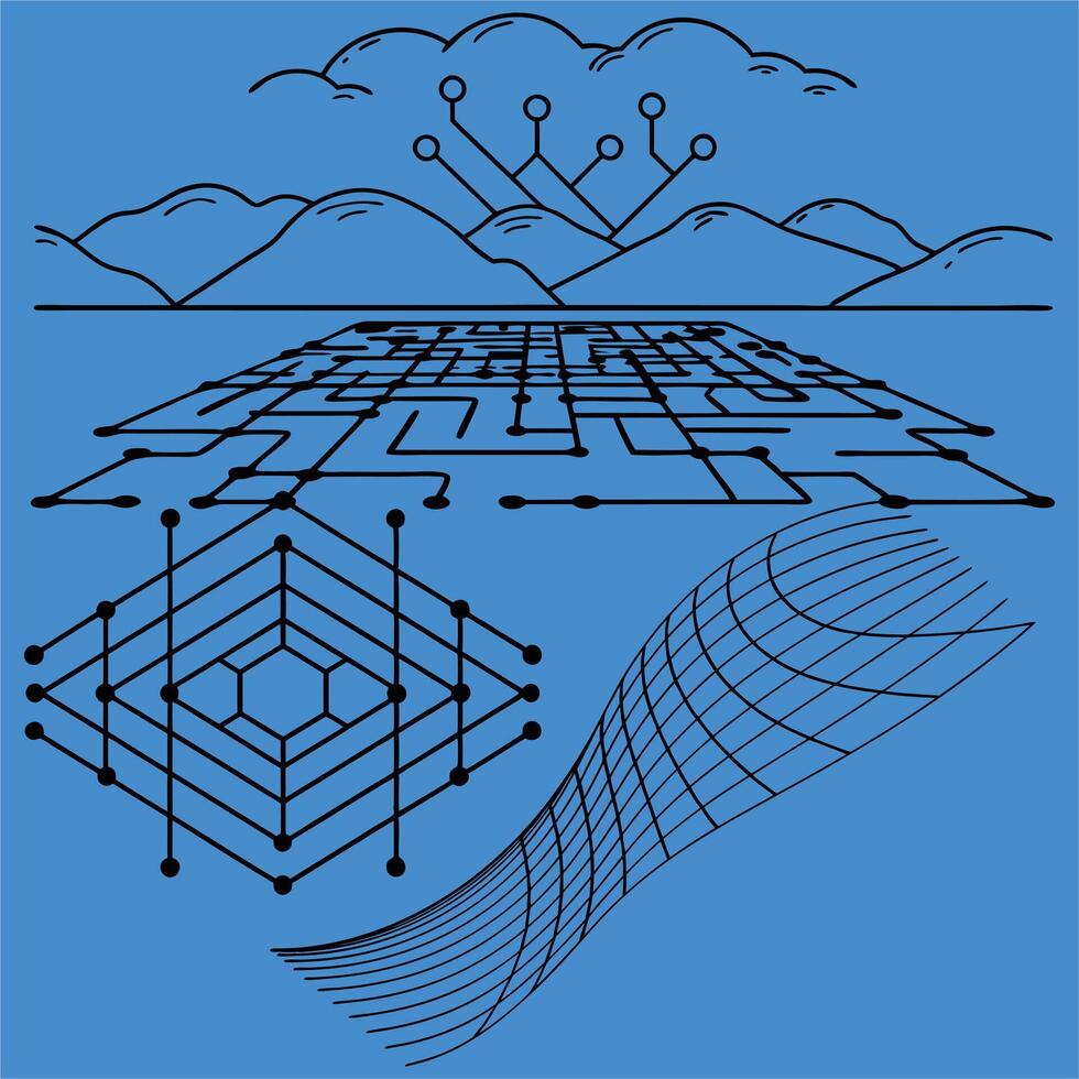 Futuristic 3D Grid Wire frame AI Network Background vector