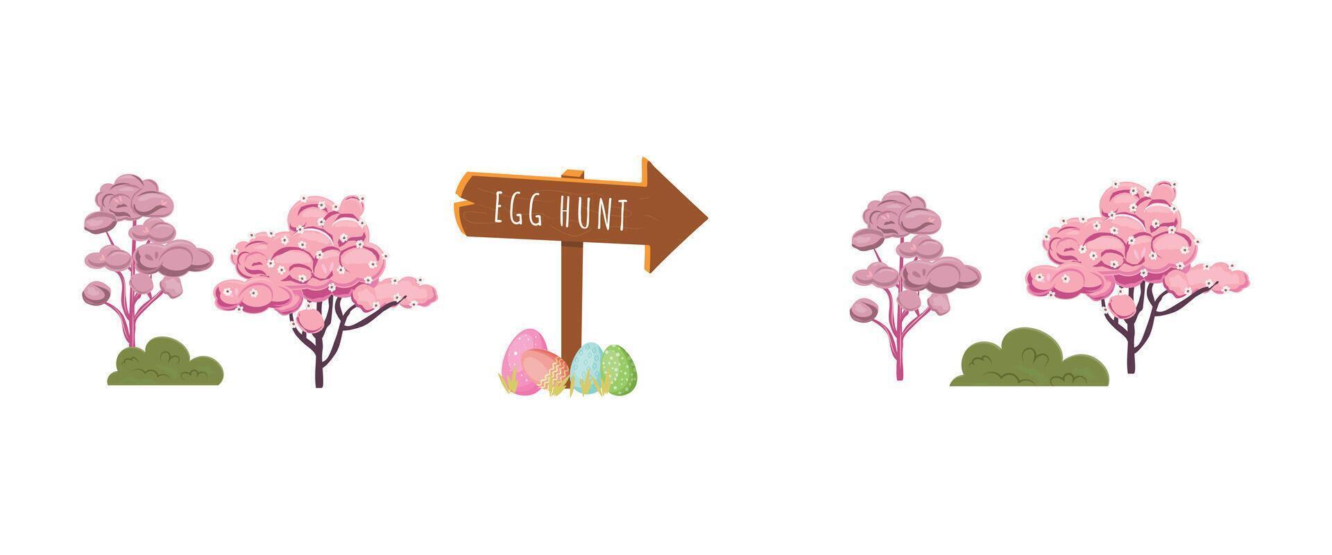 Easter hunt banner with a wooden shield pointing and colorful eggs below with pink trees vector