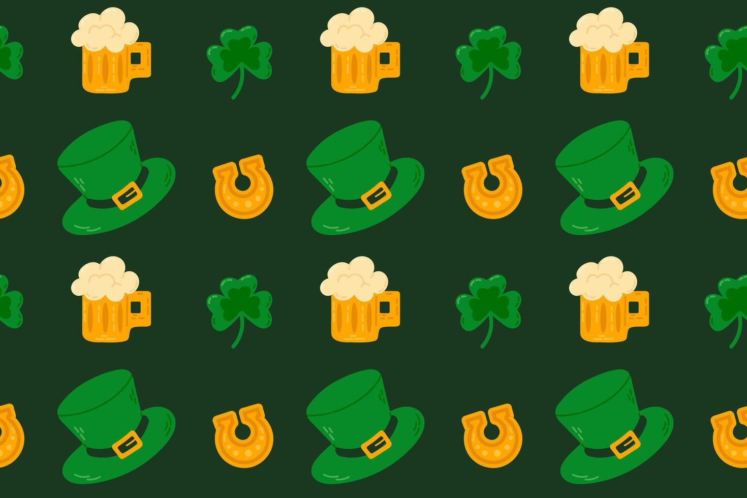 Pattern of beer mugs, leprechaun hats, shamrocks, and golden horseshoes. Ideal for St. Patricks Day party decor, festive cards, and digital designs. vector