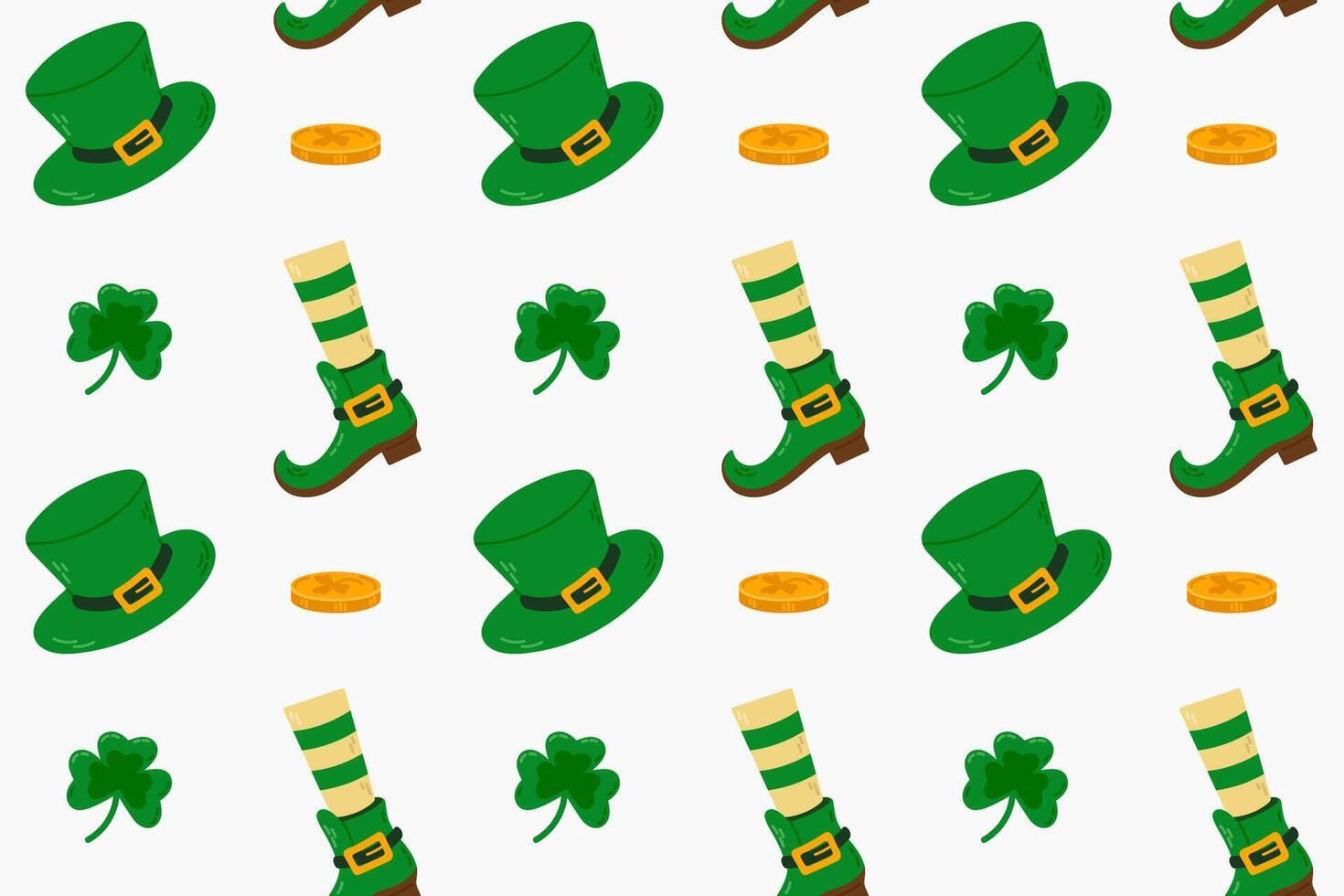 Pattern of leprechaun boots, hats, shamrocks, and gold coins on a white background. Perfect for festive digital projects, fabrics, and holiday-themed crafts. vector