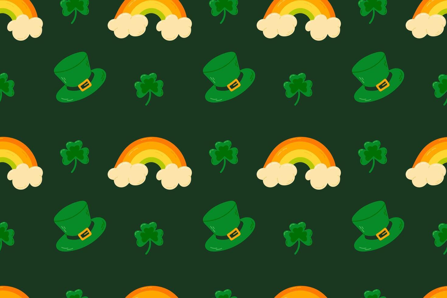 A festive pattern featuring leprechaun hats, rainbows, and shamrocks on a dark green background. Perfect for St. Patricks Day decor, wallpapers, and digital projects. vector