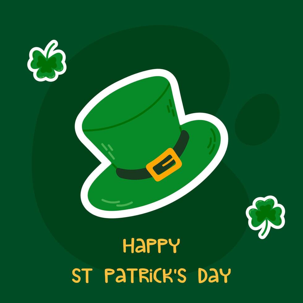 Playful St. Patrick's Day card showcasing a leprechaun hat surrounded by shamrocks on a dark green background. Perfect for sending festive greetings and good luck wishes. vector