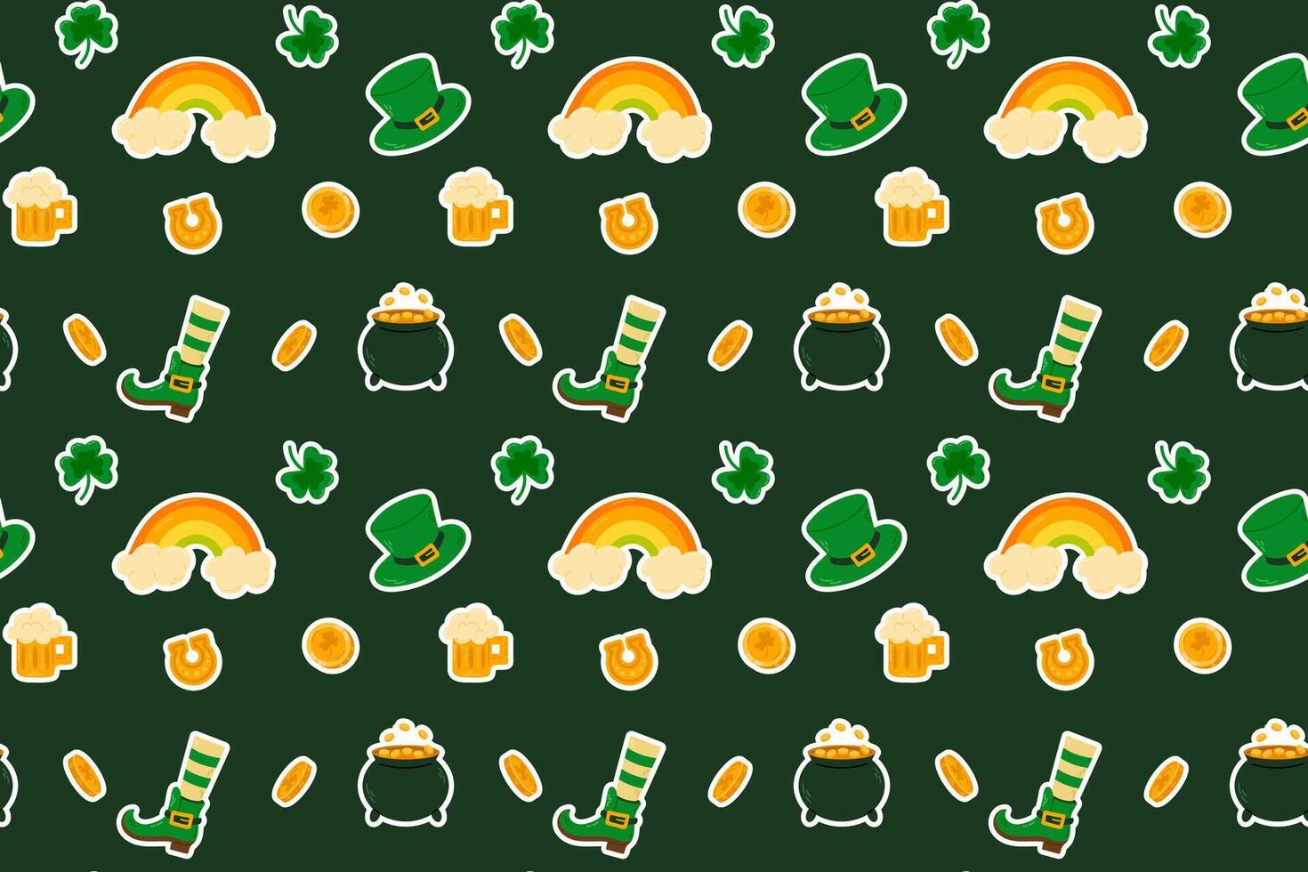 Festive seamless pattern with leprechaun boots, rainbows, shamrocks, and golden coins on a dark green background. Perfect for wrapping paper and holiday decor vector