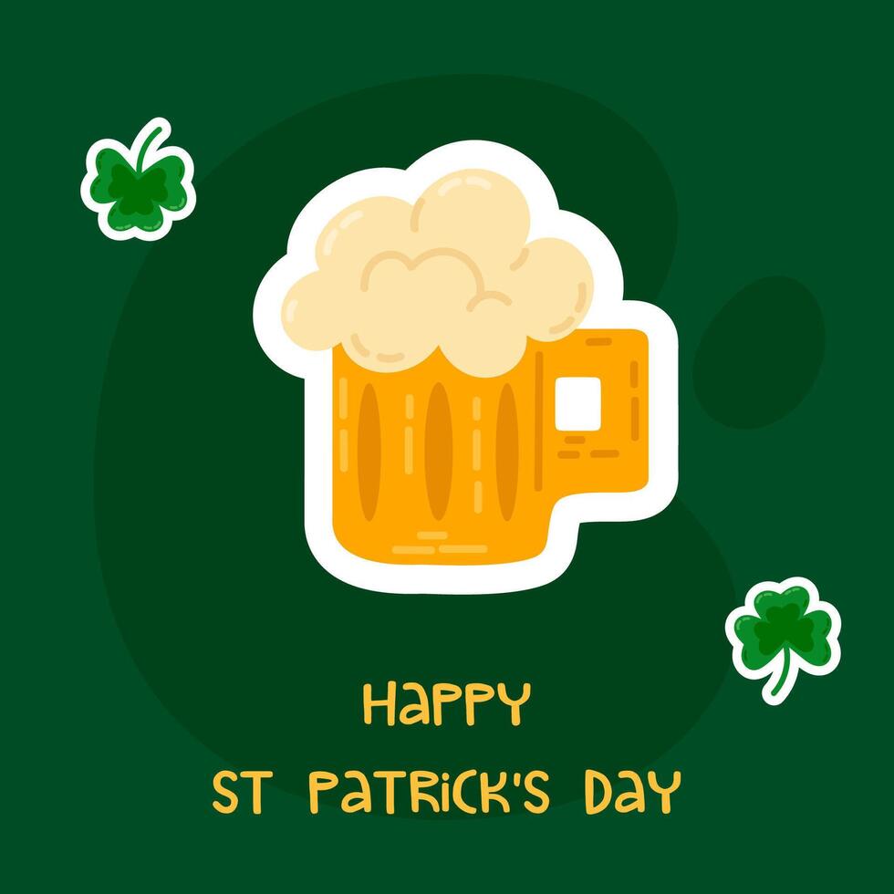 St. Patrick's Day card featuring a frothy beer mug with shamrocks on a dark green background. Perfect for celebrating Irish culture and festive gatherings. vector