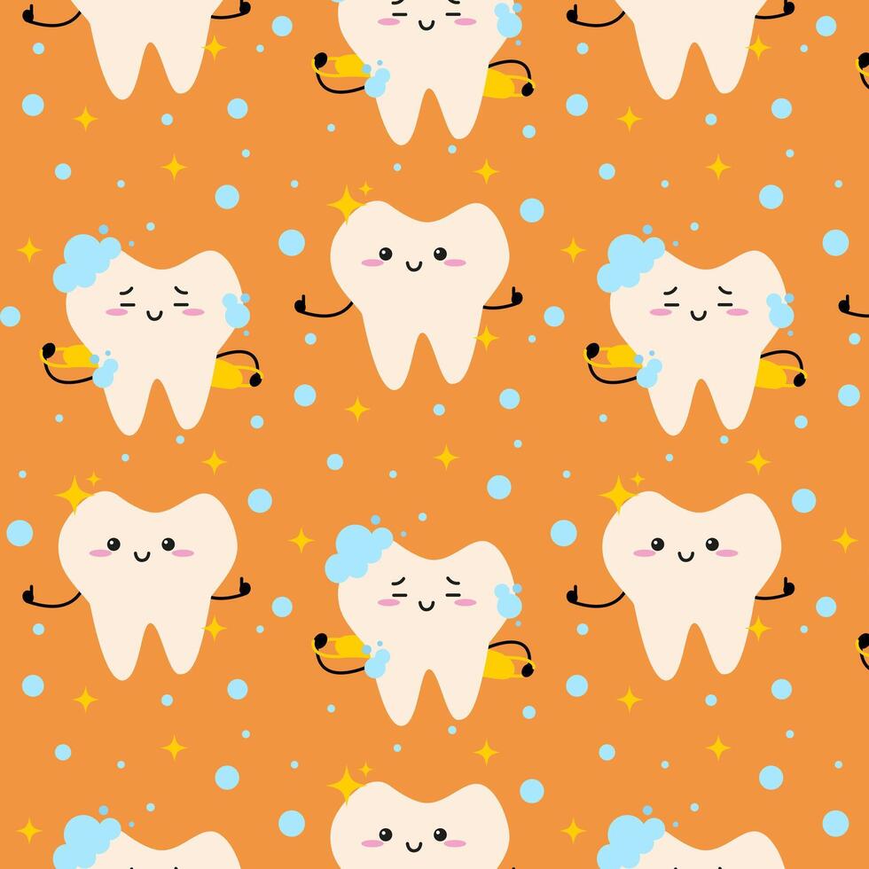 Seamless pattern with Teeth with Foam cartoon character in bubble on orange background vector