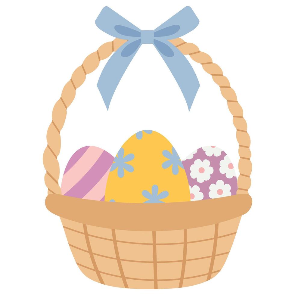 Straw Easter wicker basket with painted decorative eggs and gift blue ribbon bow vector