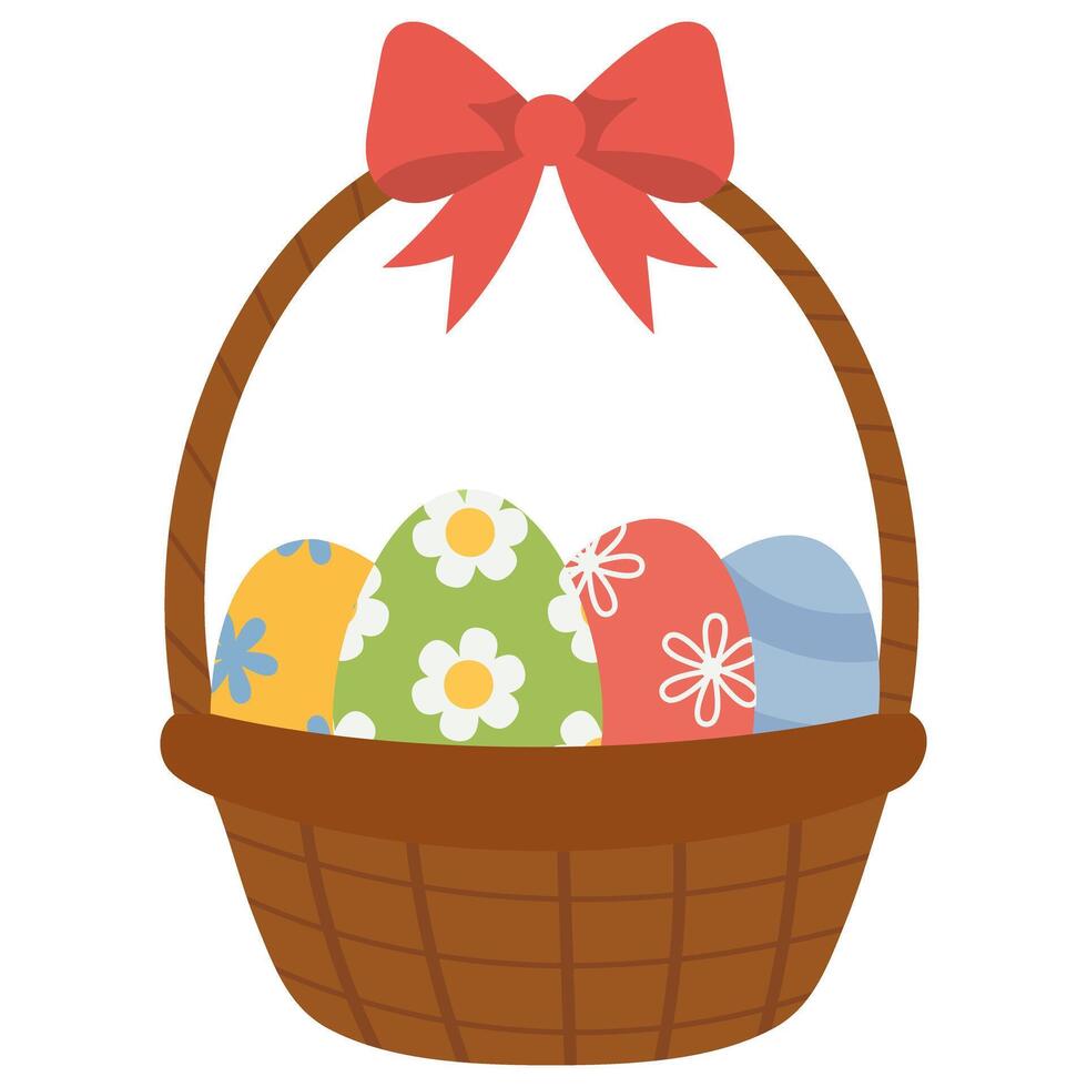 Straw Easter wicker basket with painted decorative eggs and gift red ribbon bow vector