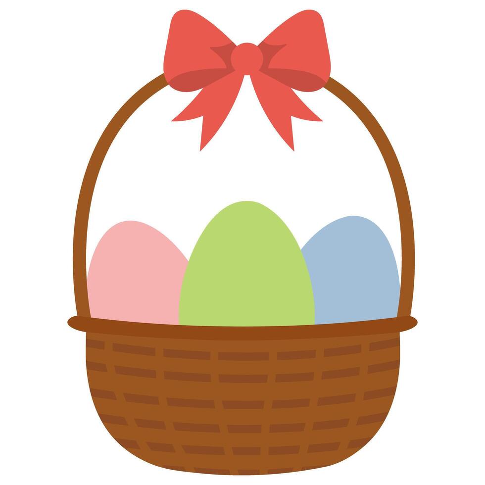 Straw Easter wicker basket with painted decorative eggs and gift red ribbon bow vector