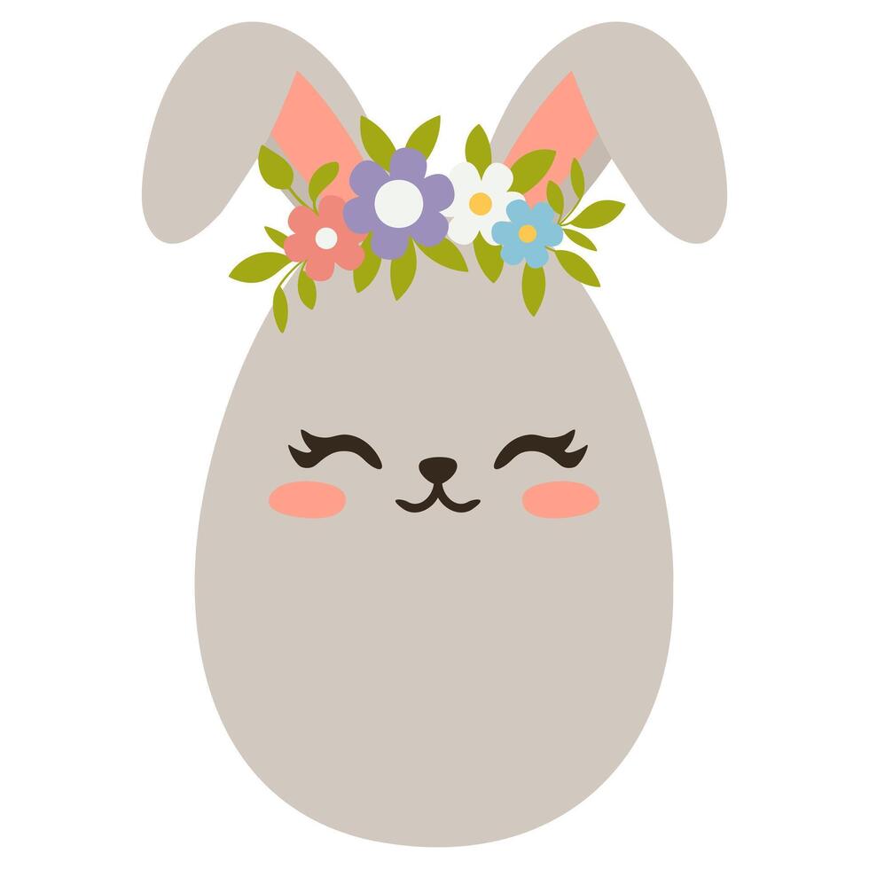 Cute grey Easter egg with bunny ears and flower wreath. Great for cards, banners, wallpapers, invitations, covers. isolated on white background. vector