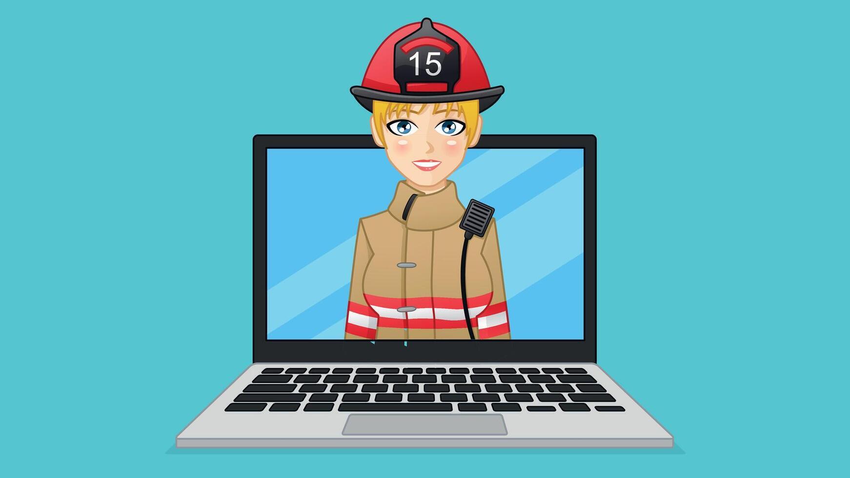 Firefighter on laptop with fire helmet on vector