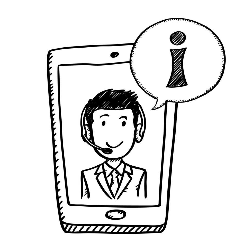 A hand drawn sketch of a man with a headset and a phone with an i vector