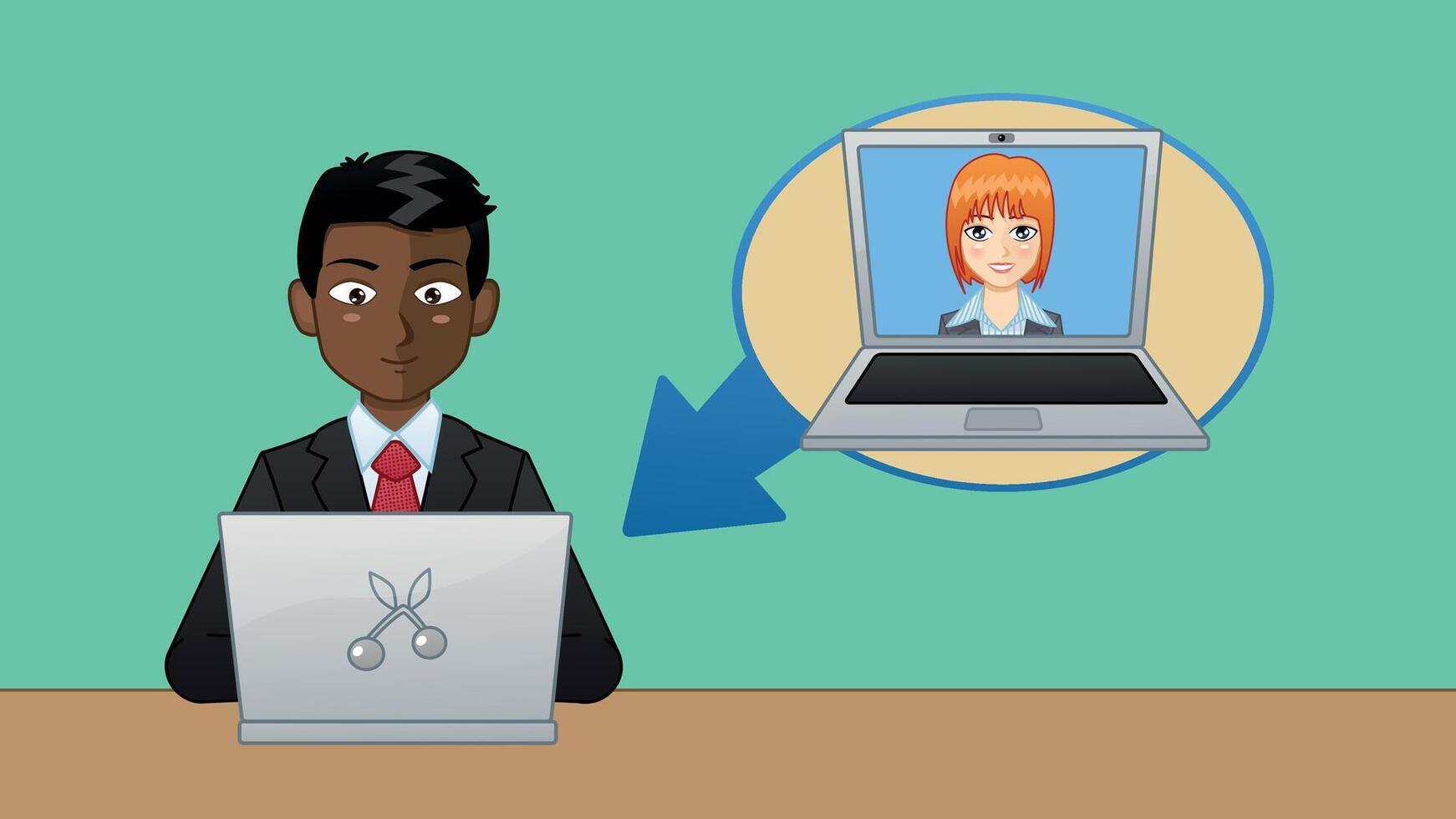 A cartoon man in a suit is sitting at a desk with a laptop vector
