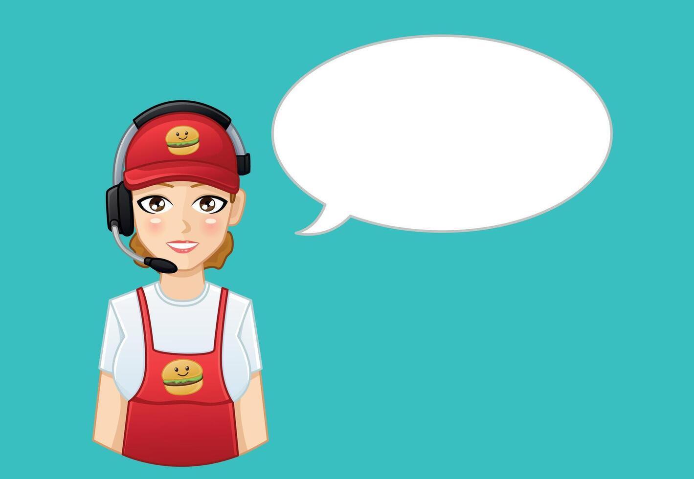 A woman wearing an apron and a headset with a hamburger vector