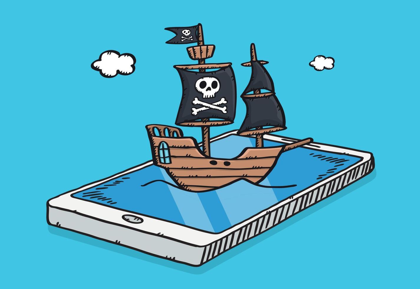 A cartoon pirate ship on a smartphone vector