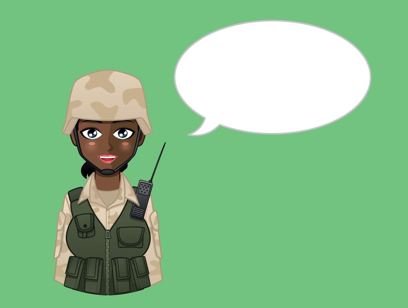 An illustration of a black female soldier with a speech bubble vector