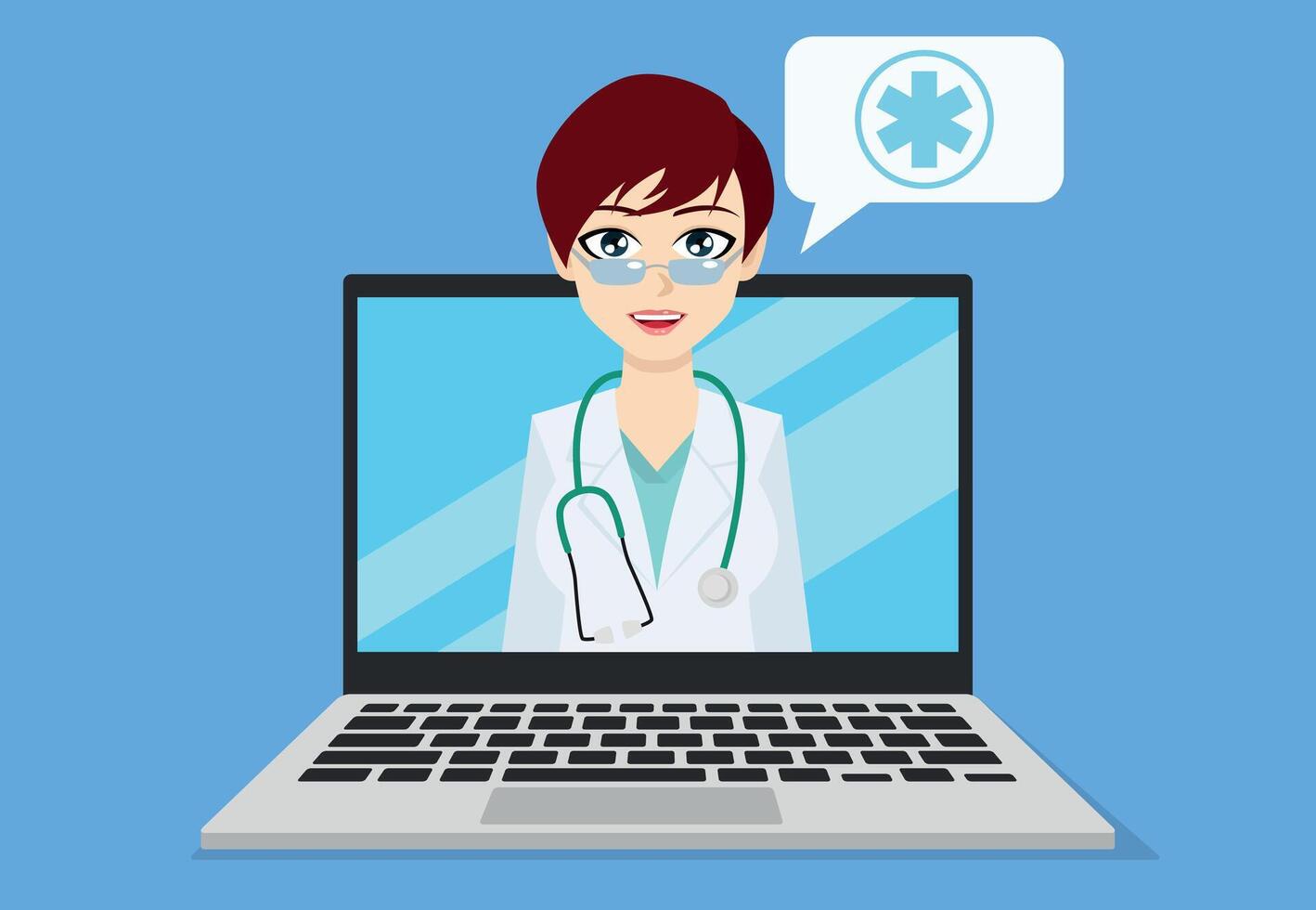 A woman doctor is on a laptop screen with a speech bubble vector