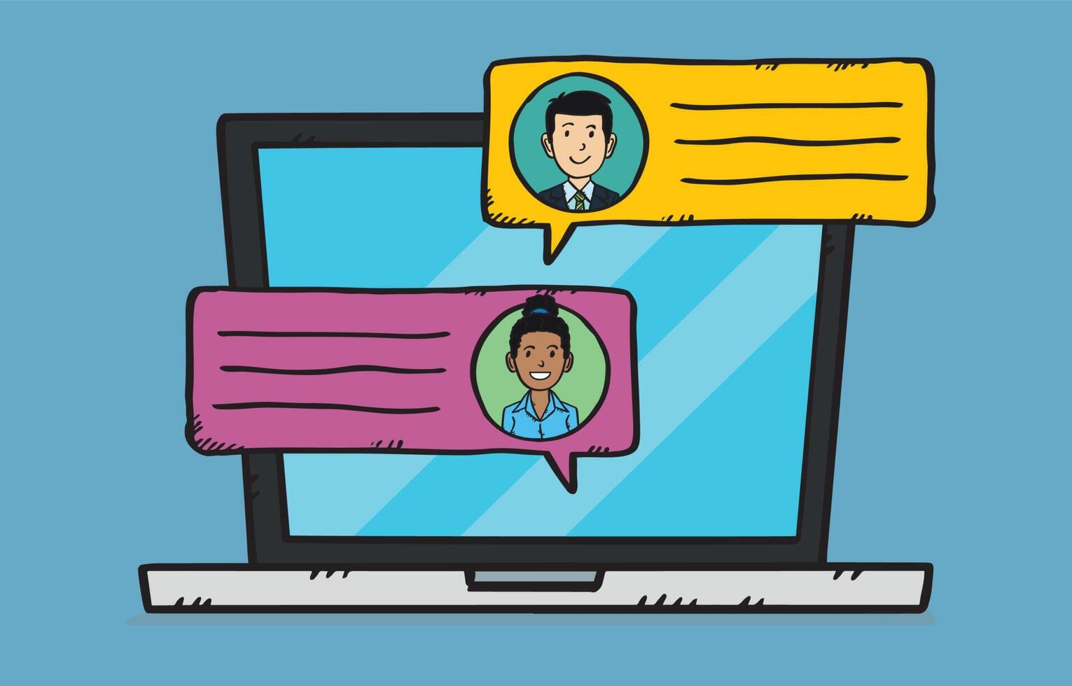 A laptop with two chat bubbles and a man and woman vector