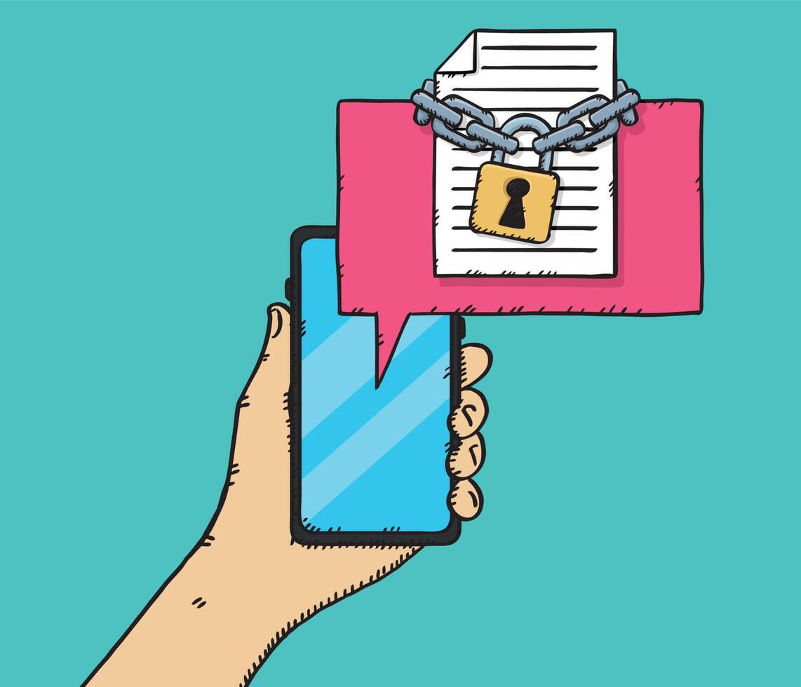 Hand holding smartphone with padlock and paper document on screen vector