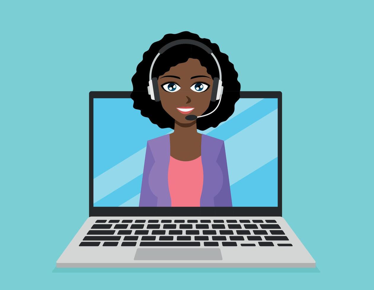 Call center customer service agent on laptop computer with headset illustration vector