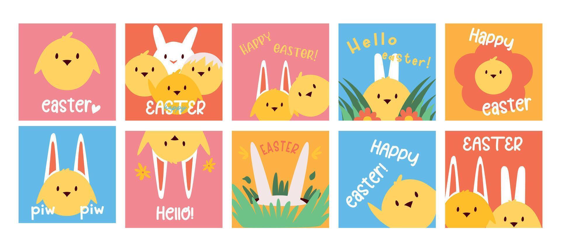A set of postcards with cute chickens and rabbits. Happy Easter. vector