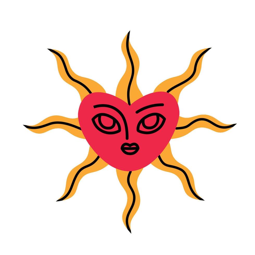 Mystical boho sun heart with a face. vector