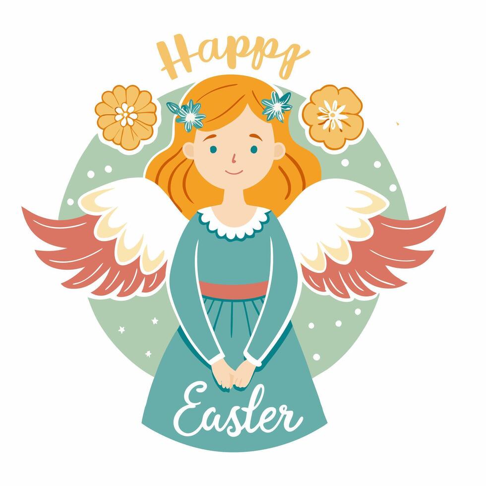 cartoon angel girl with wings. Greeting card with the inscription Happy Easter for decorative,banner, poster,card. Illustration on white background vector