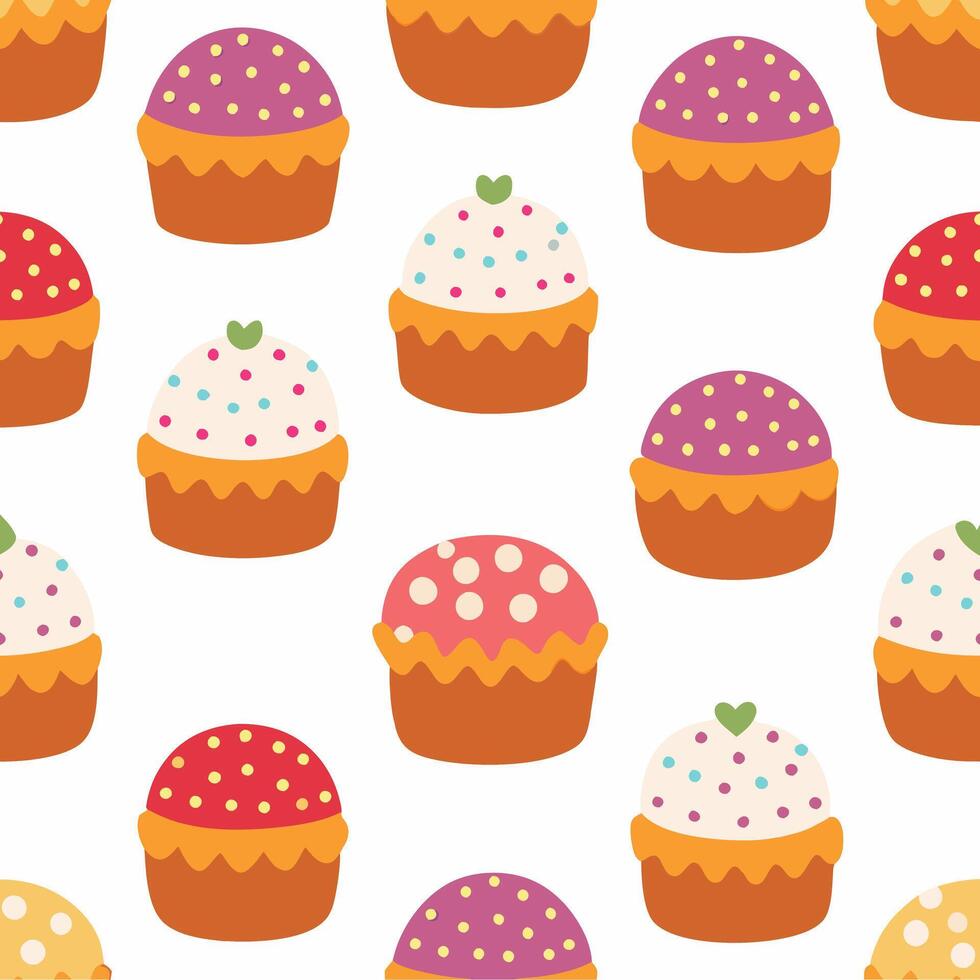 Set of colorful traditional Easter cakes with icing and sprinkles. Seamless patter background for wrapping and wallpaper. illustration on white background vector