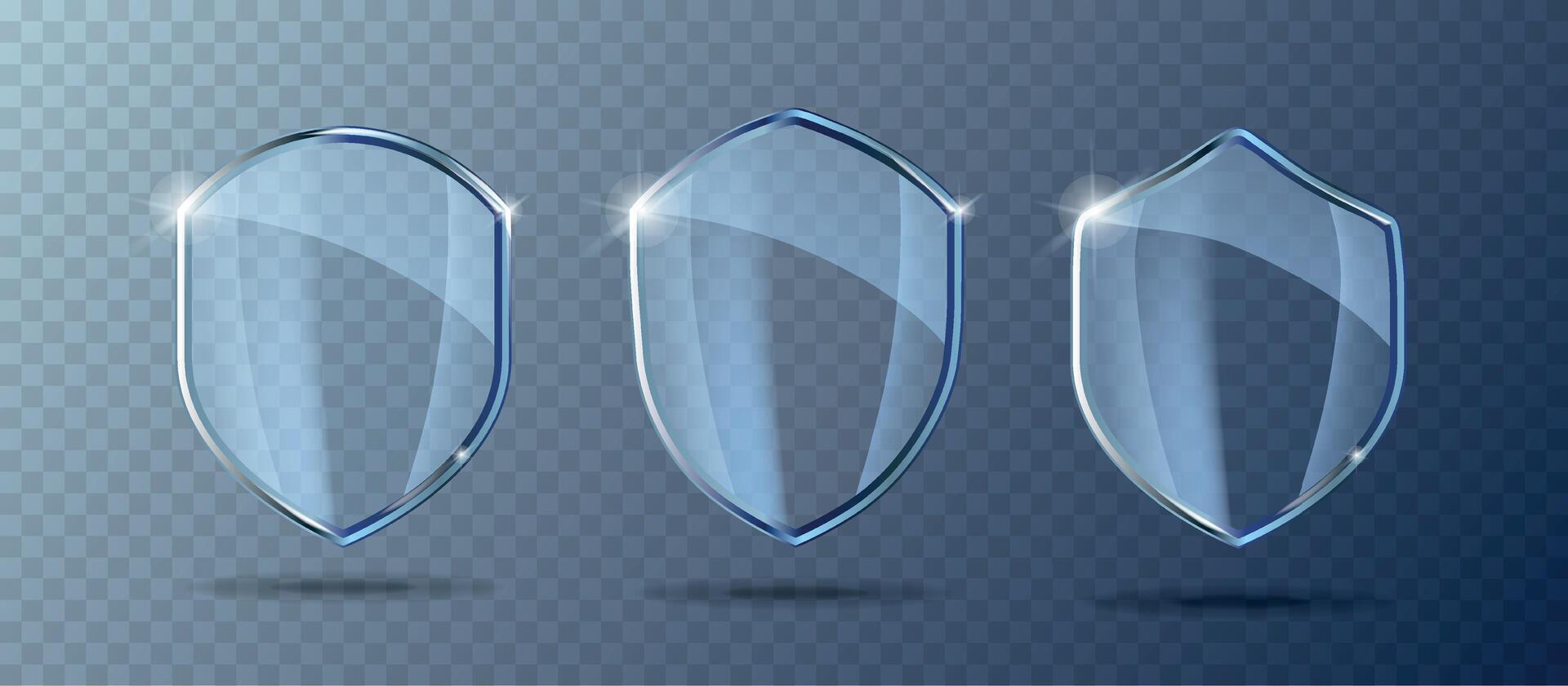 Blue glass screen set. Protection shield concept. Security badge icon. Privacy banner shield. Security vector