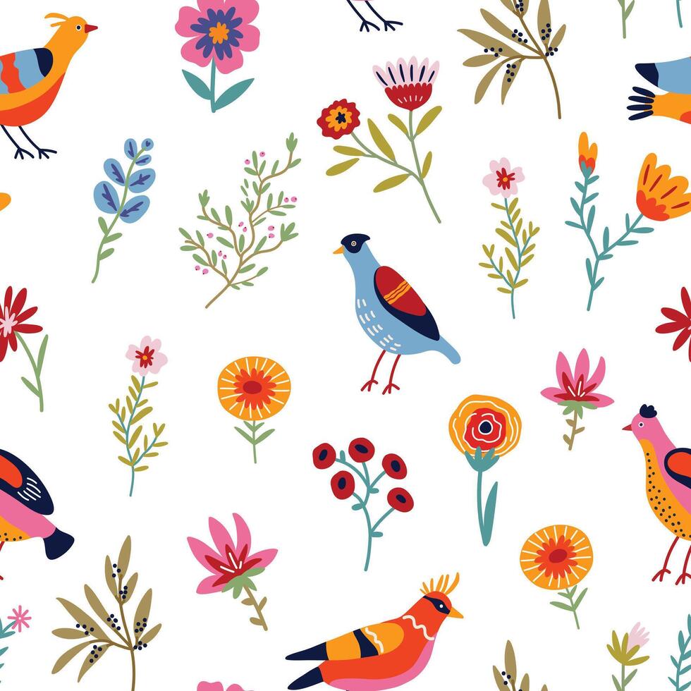 Seamless pattern with abstract colorful flowers and birds, leaves and twigs on a light background. Flat illustration vector