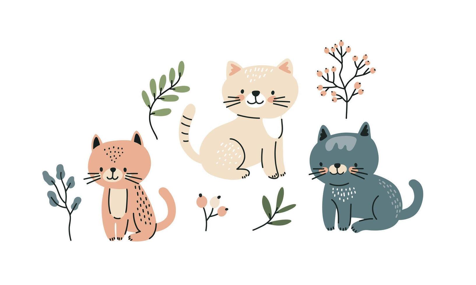 Set of three playful cartoon cats depicted among flowers and foliage, flat illustration vector