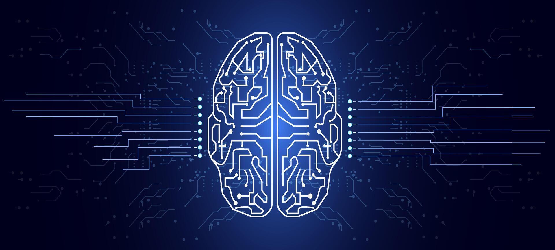 Detailed representation of a brain integrated with technology in a digital setting. vector