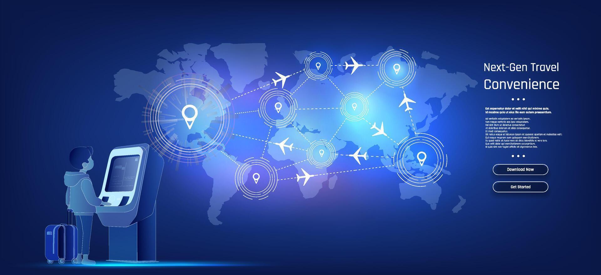 Next generation travel convenience with interactive kiosk and global connectivity map. vector