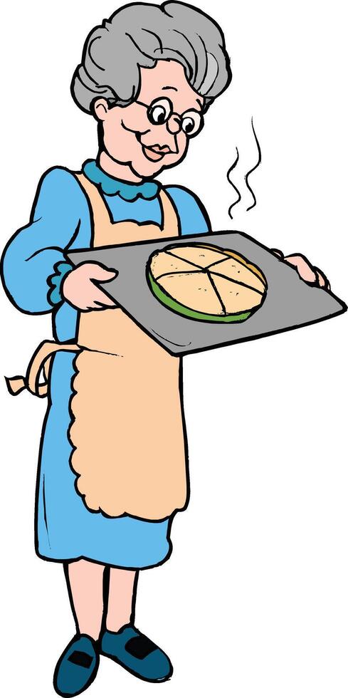 Grandma makes the cake and serves it vector