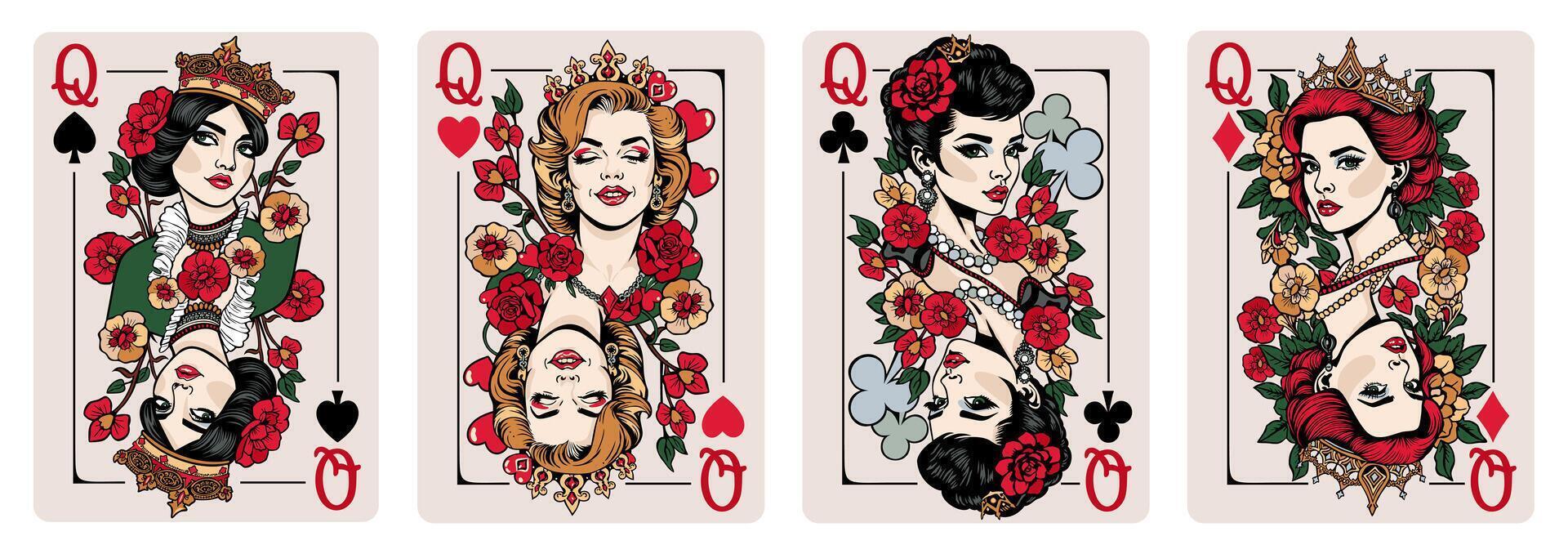 Queen of Spades, Queen of Hearts, Queen of Clubs and Queen of Diamonds. Playing cards set vector