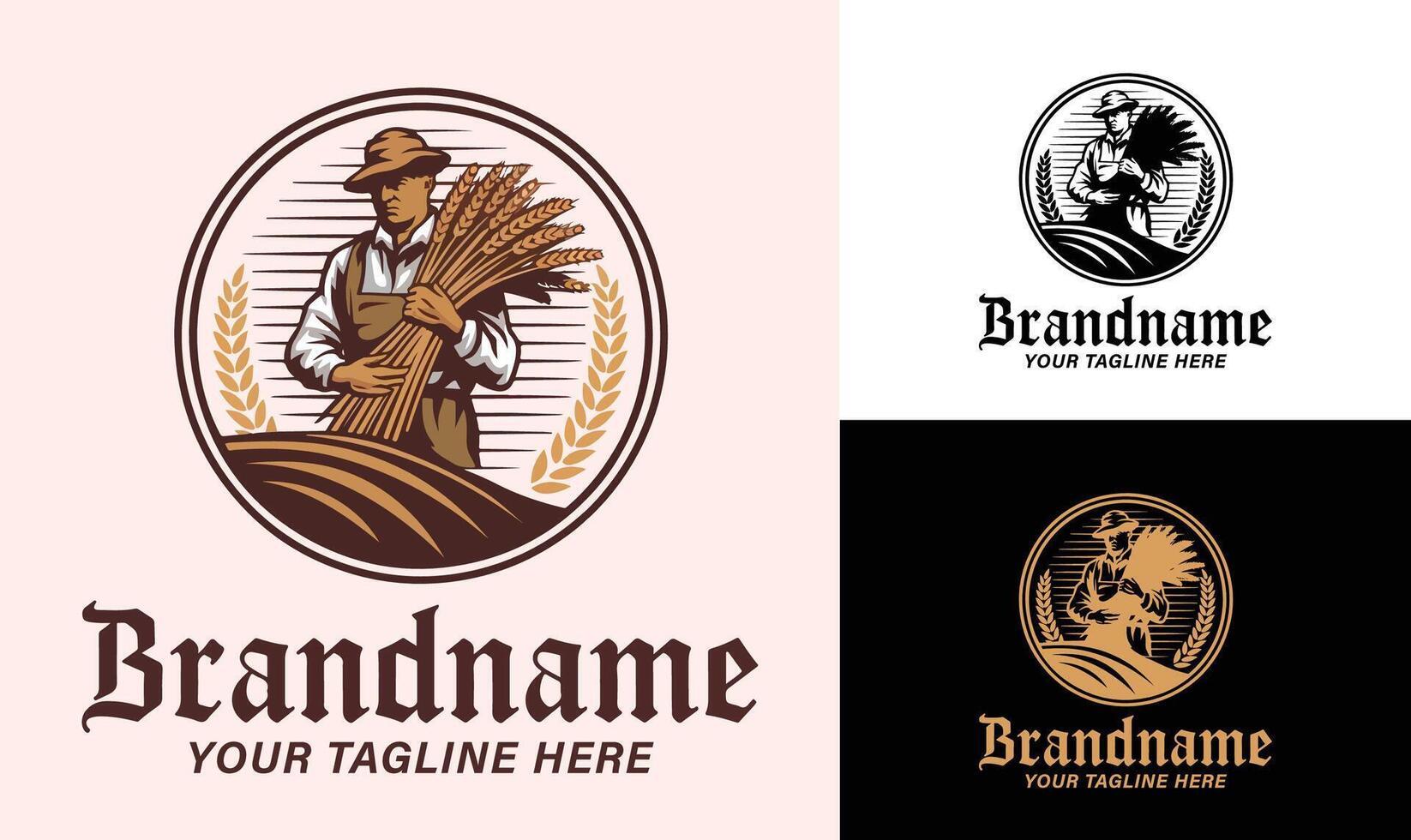 A farmer with a basket of wheat, a logo for a farm vector