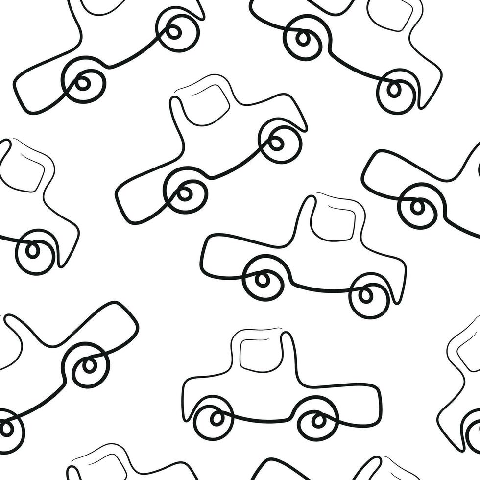 seamless pattern of simple icons of transport, namely a long car in line art style drawn with an original outline arranged chaotically, for logos and various designs vector